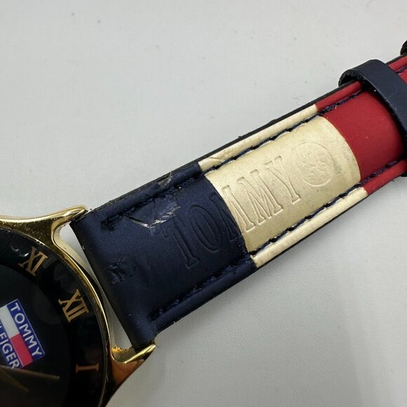 Vintage Tommy Hilifiger Watch Men Black Dial Striped Leather Band Y2K Works 9" - Picture 5 of 12